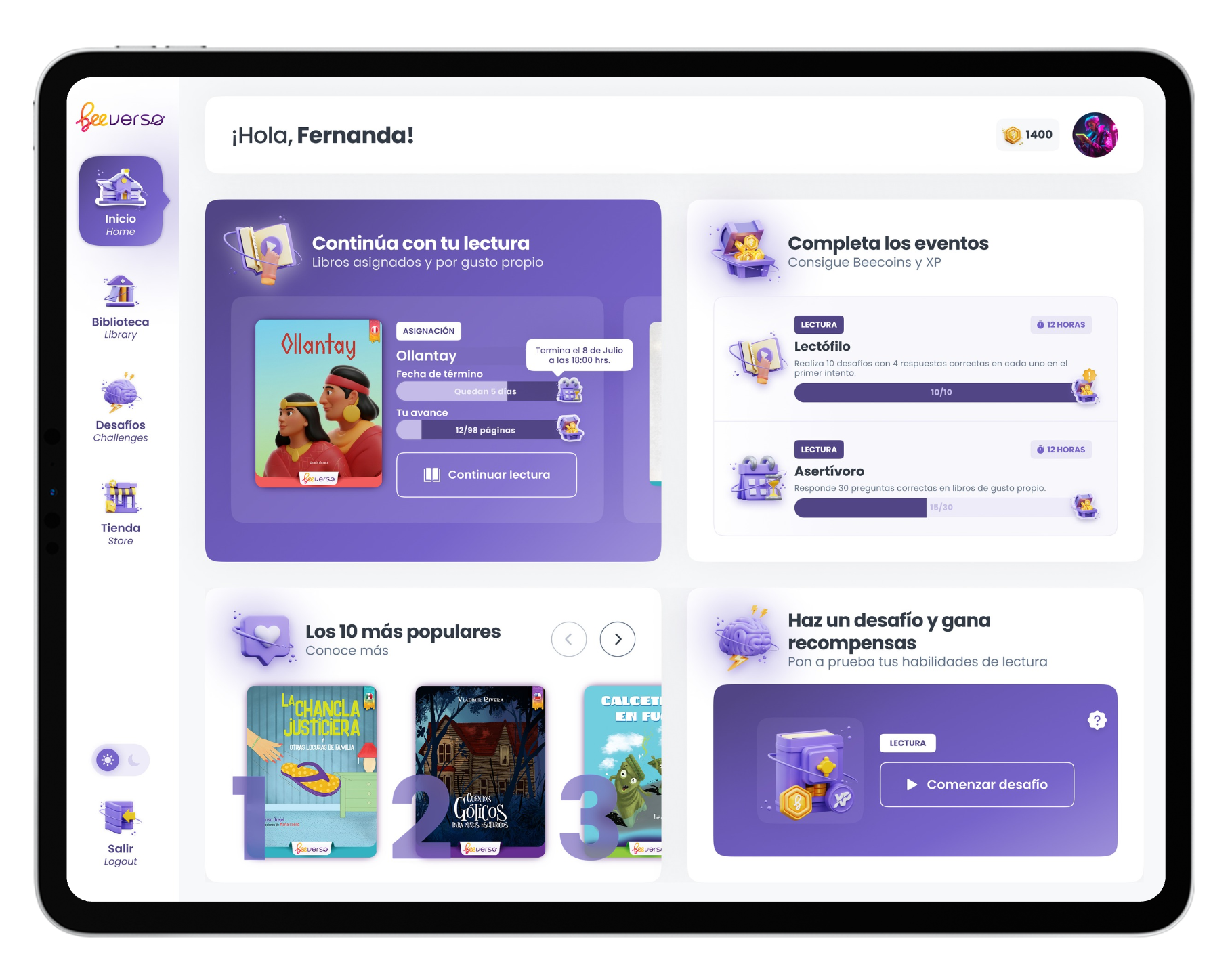 Beeverso student home, reading, challenge, and reward experience shown on an iPad